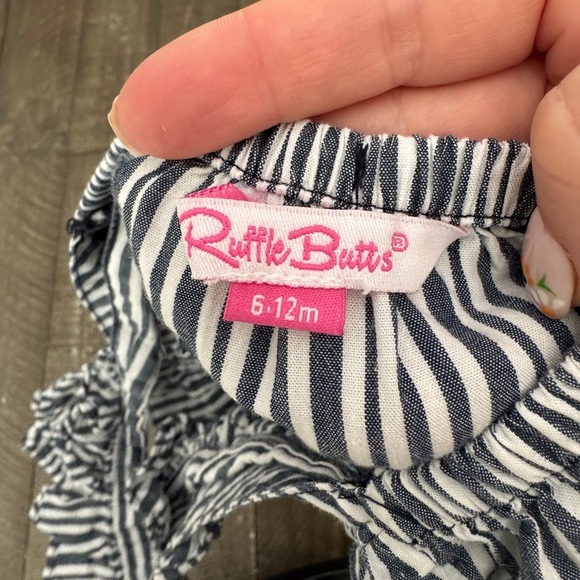 Ruffle Butts Navy Stripe Cross-Back Ruffle Romper Size 6-12 Months - Picture 6 of 7